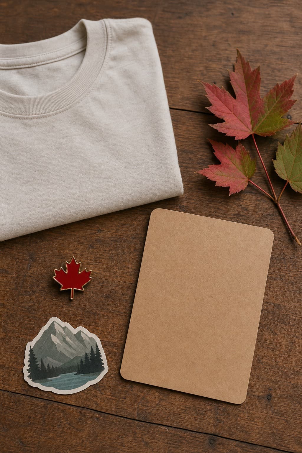 A folded tee with a story card, pin, and sticker
